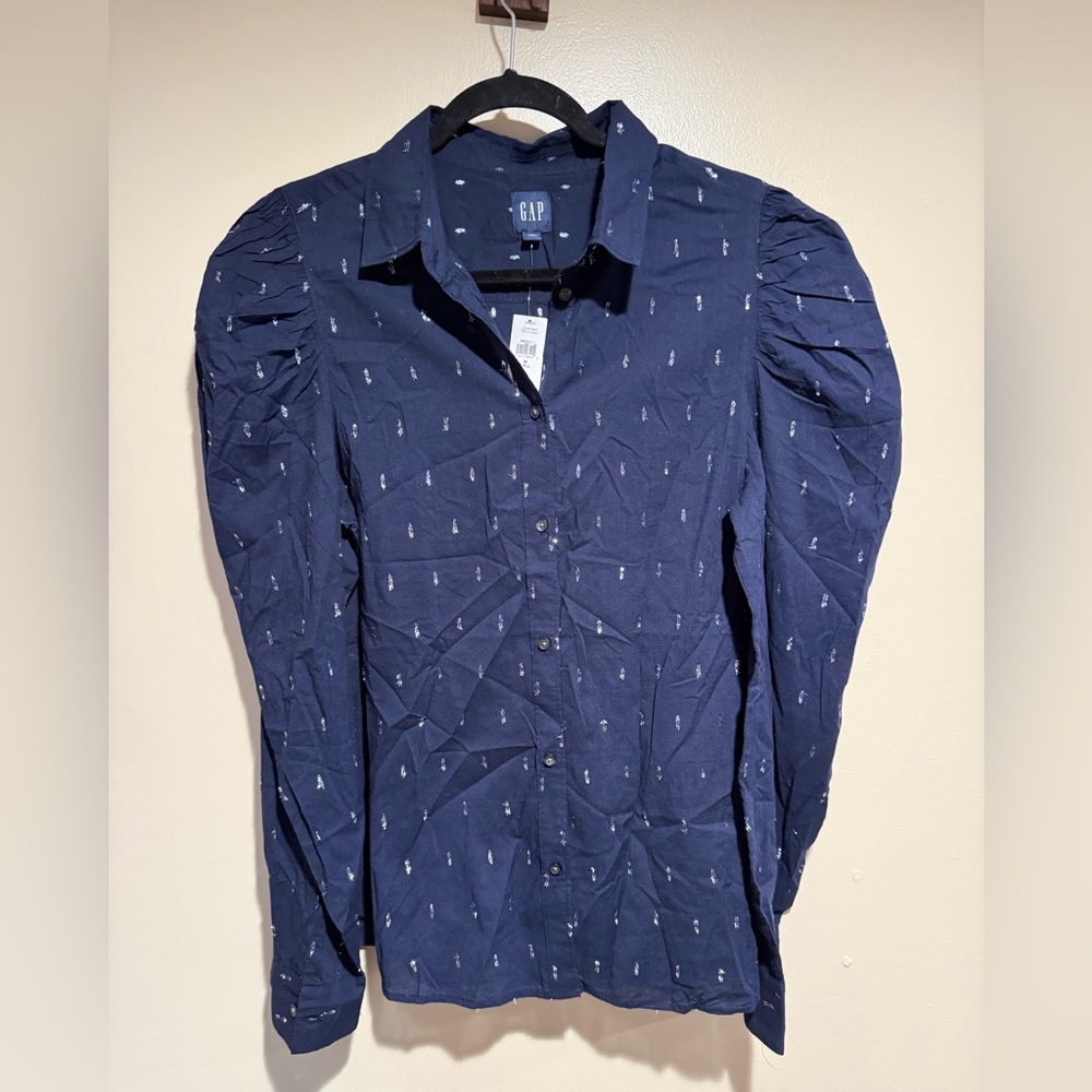 Gap women’s puff shoulder blue button up blouse medium tall NWT